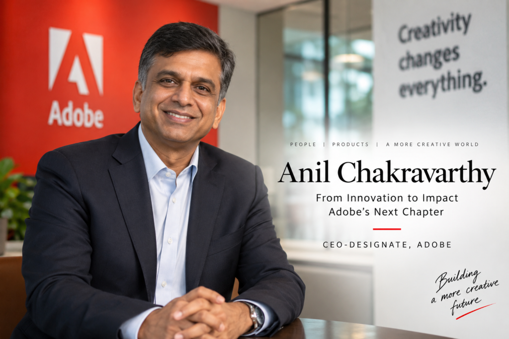Anil Chakravarthy, Adobe CEO-designate, pictured beside the Adobe logo