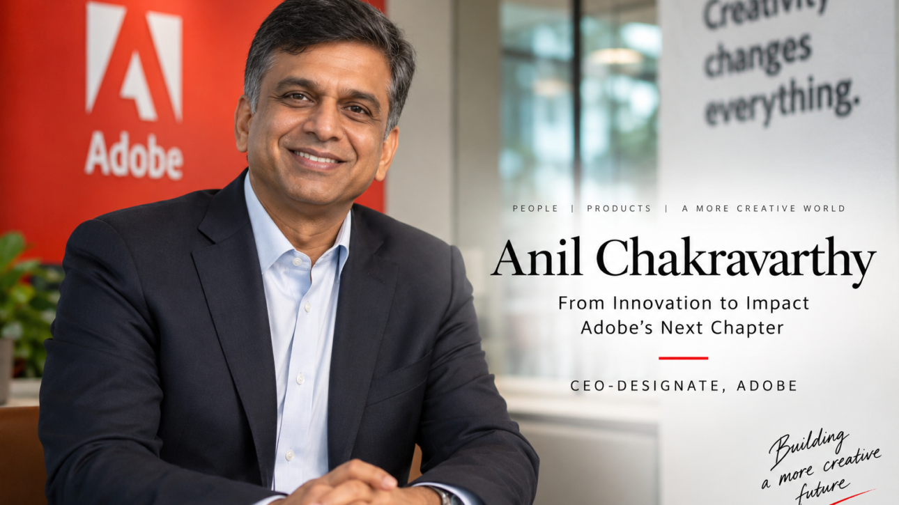Anil Chakravarthy, Adobe CEO-designate, pictured beside the Adobe logo